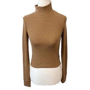 American Eagle Waffle Knit XS Mock Neck Top Brown Tan Cropped Long Sleeve